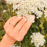 Thin 14k yellow gold wedding band worn on a hand beside white flowers