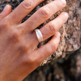 RA HA sculptural ring in sterling silver, worn on hand