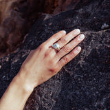 RA HA wide sculptural ring in sterling silver, worn on hand