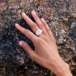 RA HA wide sculptural ring in sterling silver, worn on hand