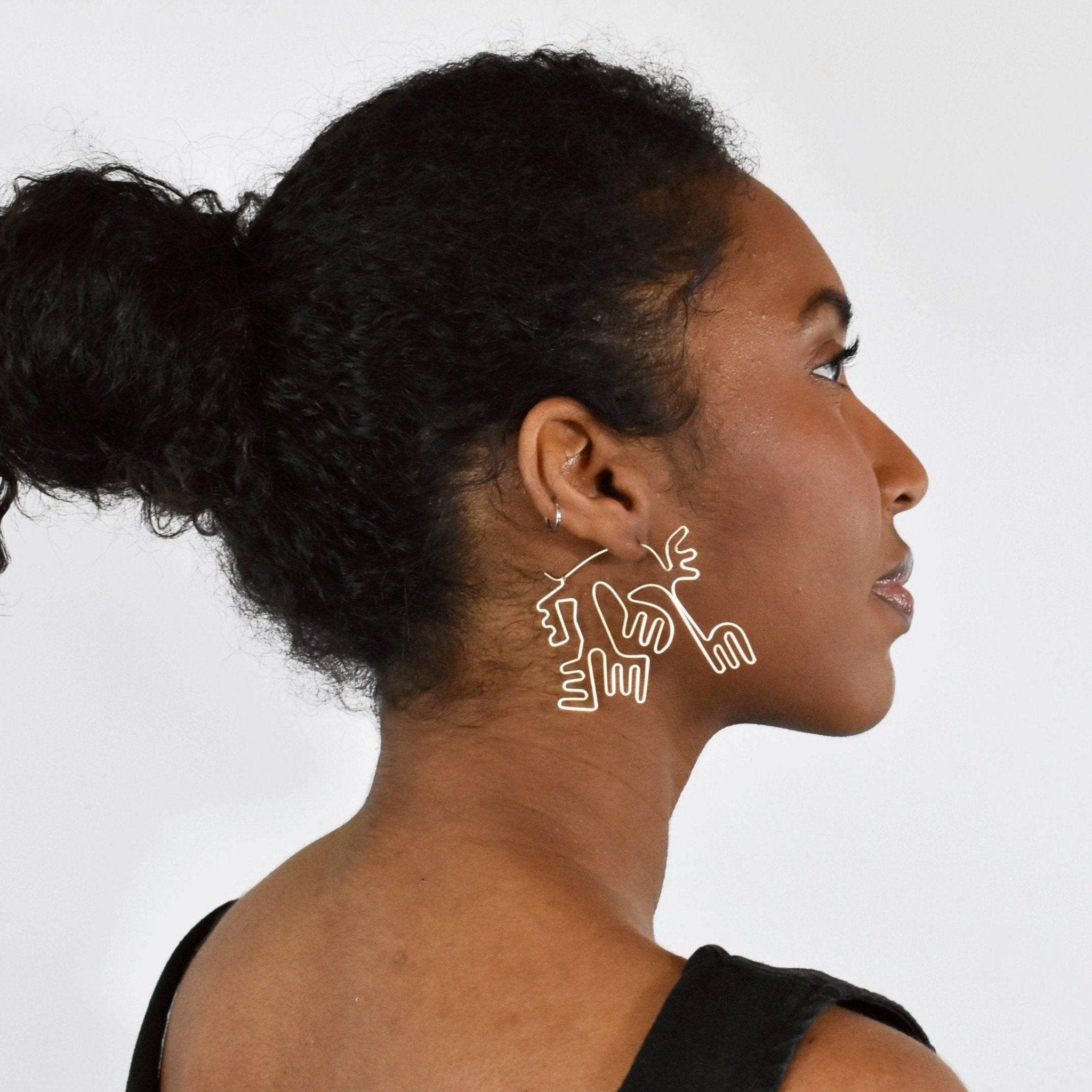 Earrings inspired by the Nazca lines on model